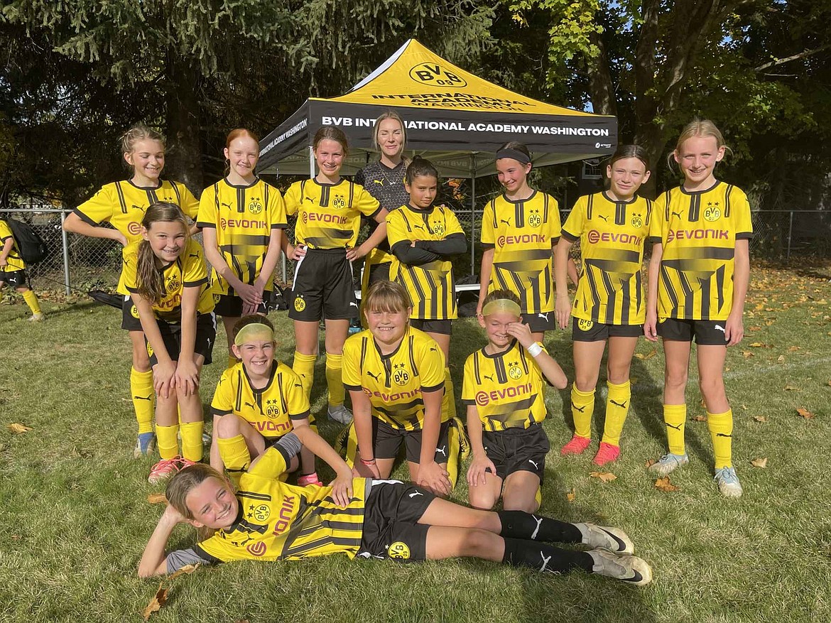 Courtesy photo
The BVBIA CDA Girls U13 soccer team played its last game of the fall season Saturday afternoon, a 2-1 loss against Spokane Shadow G13 Copa. In the front is Jetti Thomas; second row from left, Zoey Morris, Elin Vaniman, Eva Frost and Kennedy Zimmerman; back row from left, Ella Herzog, Tatum Gillmore, Stella Jones, Mia Rodriguez, Noelle Raber, Briella Ayers and Allie Stone; and rear, coach Amity Whittaker.