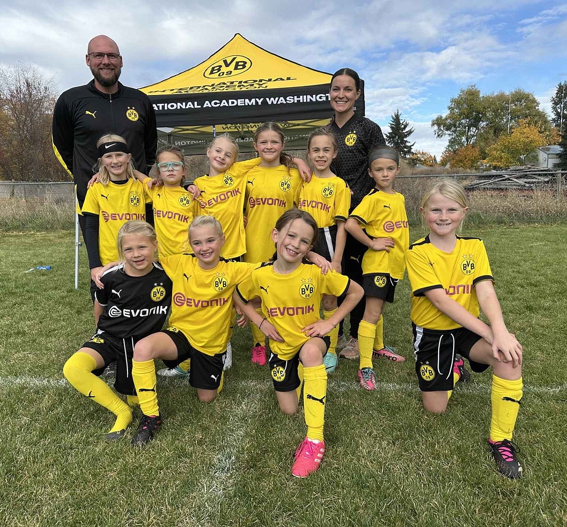 Courtesy photo
The BVBIA CDA Girls U09 soccer team finished its fall season with a 6-0 win against Spokane Shadow. In the front row from left are Jane Buffum, Grace Looney, Esther Greene and Kaia Lindenstein; second row from left, Nora Burt, Sadi Lehosit, London Tierney, Adelle Paine, Sadi Lewis, Reagan Zimmerman; and back row from left, coach Jason Steenstra and coach Chelsie Dance.