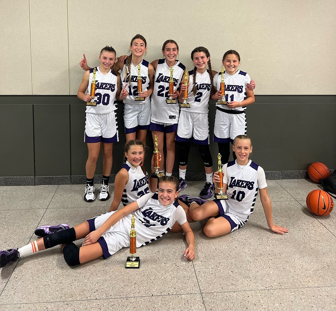 Courtesy photo
The sixth grade Cd'A Lakers AAU girls basketball team went 5-0 at the Boo Ball Tournament last weekend in the Spokane area, winning the championship game in triple overtime over the Montana Lights. In the front row from left are Teagan Phenicie, Emery Talbot and Kinsley Wallis; and back row from left, Addi Salas, Brylee Brown, Kyal Carlson, Peyton Brulotte and Quinn Martin.