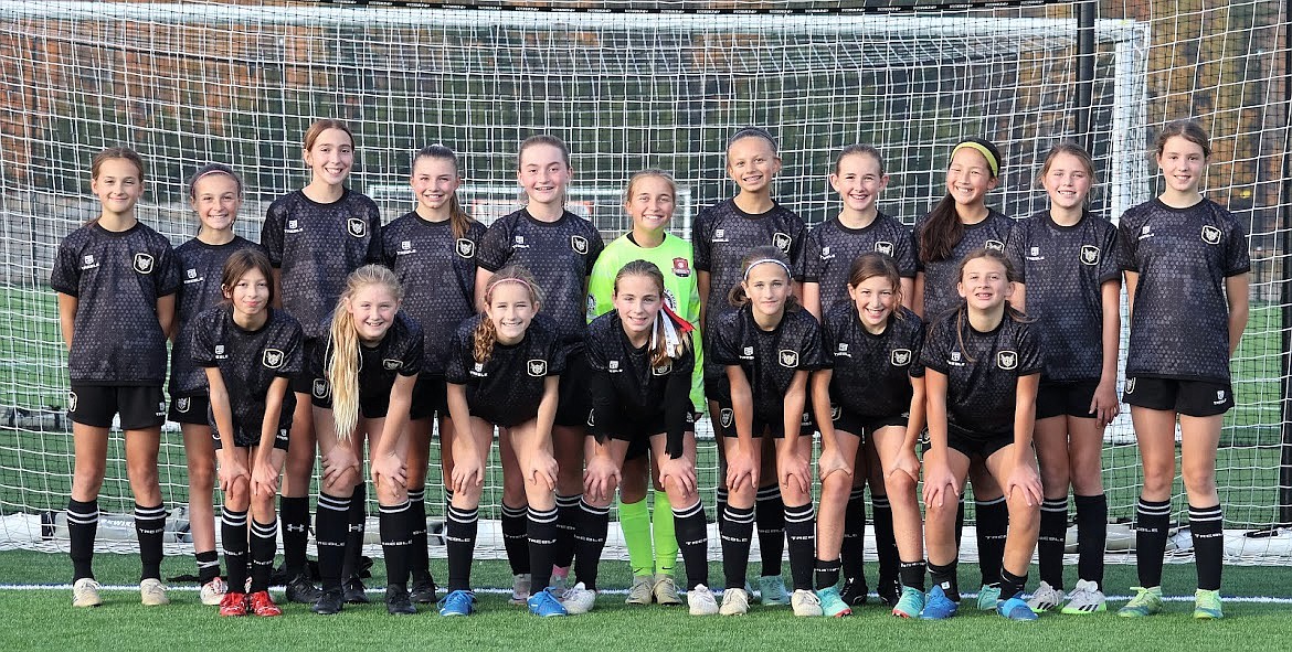 Photo by KAYLEAN MAY
The Sting SC 2013 Girls Academy soccer team defeated Sandpoint FC 2012G 3-0 in Ponderay on Saturday. The Sting finished in first place in the Washington Inland Select League with a record of 18-0, and outscored their opponents 106-9. In the  front row from left are Sophia Quigley, Kaylee Evans, Kinsley May, Nora Schock, Presley Hart, Emma Storlie, and Felicity Miller; and back row from left, Hayden Hays, Nevie Sousley, Kyal Carlson, Addison Salas, Peyton Cantrell, Nora Snyder, Alexis Morisette, Evellyn Howard, Amelia McGowan, Novalee Hoel and Kinsey Kiefer.