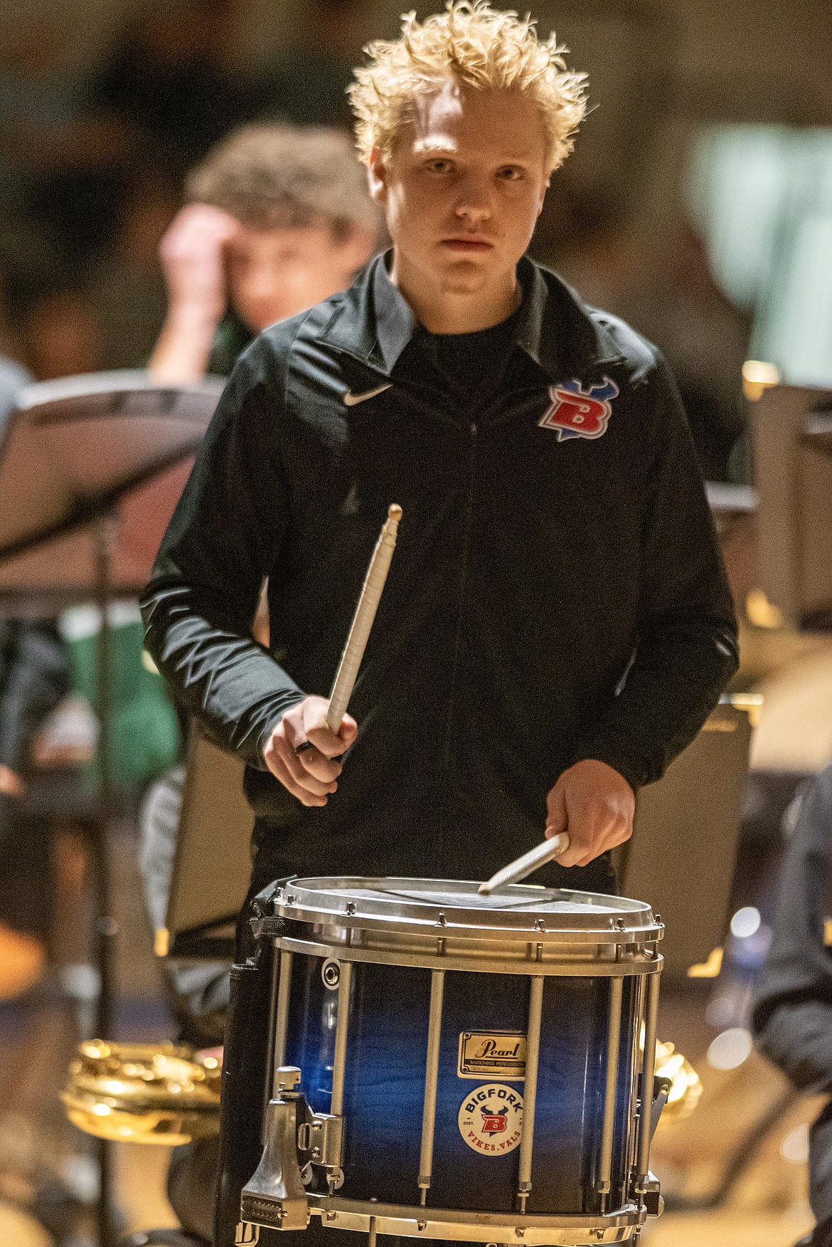 Junior Kaiden Johnson plays with the Bigfork High School drum line. (Avery Howe/Bigfork Eagle)