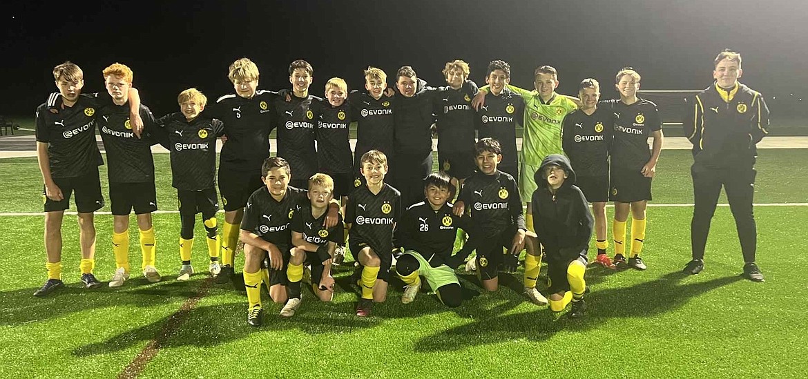 Courtesy photo
The BVBIA CDA Boys U15 soccer traveled to Sandpoint on Friday evening for its last game of the fall season, ending with a tough 5-4 loss to Albion SC Idaho BU15. In the front row from left are Dillon Matheson, Caleb Wurster, Weston Borges, Mateo Ethan Mariano, Josue Contreras and Jaxon Dewitt; and back row from left, Bennett Anderson, Soren Vedel, Tripp Dewitt, Jaxon Haynie, Kenton Susca, Xavier Tierney, Elias Herzog, Ethan MacPherson, Michael Steffani, Sebastian Guitron, Logan Siahaya, Carter Lloyd, Holden Loustalot and coach Bailey O’Neil.