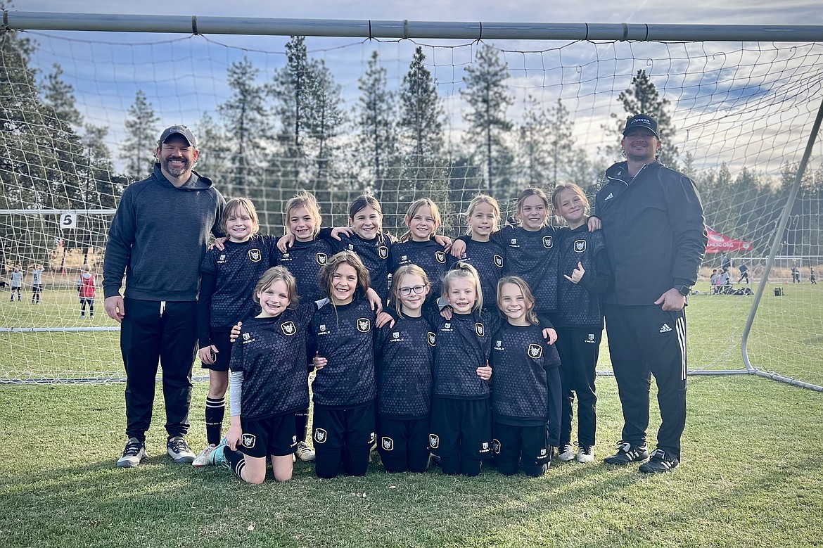 Courtesy photo
The Sting SC 2015 girls soccer team wrapped up its fall season with a 5-0 win against Spokane Shadow G15 Shale on Saturday at Spokane Polo Fields in Airway Heights. Sting goals were scored by Syrae Boatman (1), Makena Malone (3) and Beckett Murphy (1). In the front row from left are Makena Malone, Cielle Ellis, Kit Fields, Isla Shupe and June Greene; and back row from left, coach Kyle Havercroft, Madison Malone, Beckett Murphy, Nora Havercroft, Camryn Cline, Isabelle Caywood, SyRae Boatman, Malia Acker and coach Nate Conley.