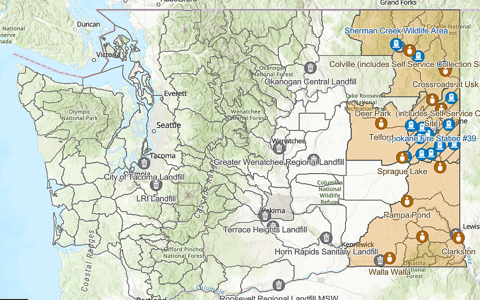 The map below shows important locations in Washington related to the detection of chronic wasting disease in the state. The hash marked area is the Incident Response Area, an area of intensive sampling for CWD. The orange area is the Transport Restriction Zone. Only limited items from harvested or salvaged animals can be taken outside of the TRZ. Hunter check stations, self-service collection sites, and landfills that accept carcasses for a fee are also included as layers on the map.