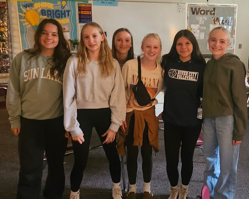 Cambria Miller, Ellie Ruth, Emery Mort, Torii Still, Ella Piephoff and Scout Brown from Lake City High School met at River City Middle School to discuss how students can run a thrift store to sell used school shirts and merchandise to students and parents.