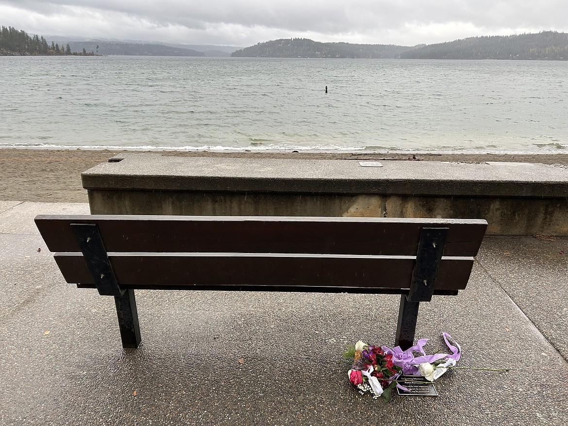 A plaque bearing the name of Xana Kernodle is dedicated to a bench looking out on Lake Coeur d'Alene.