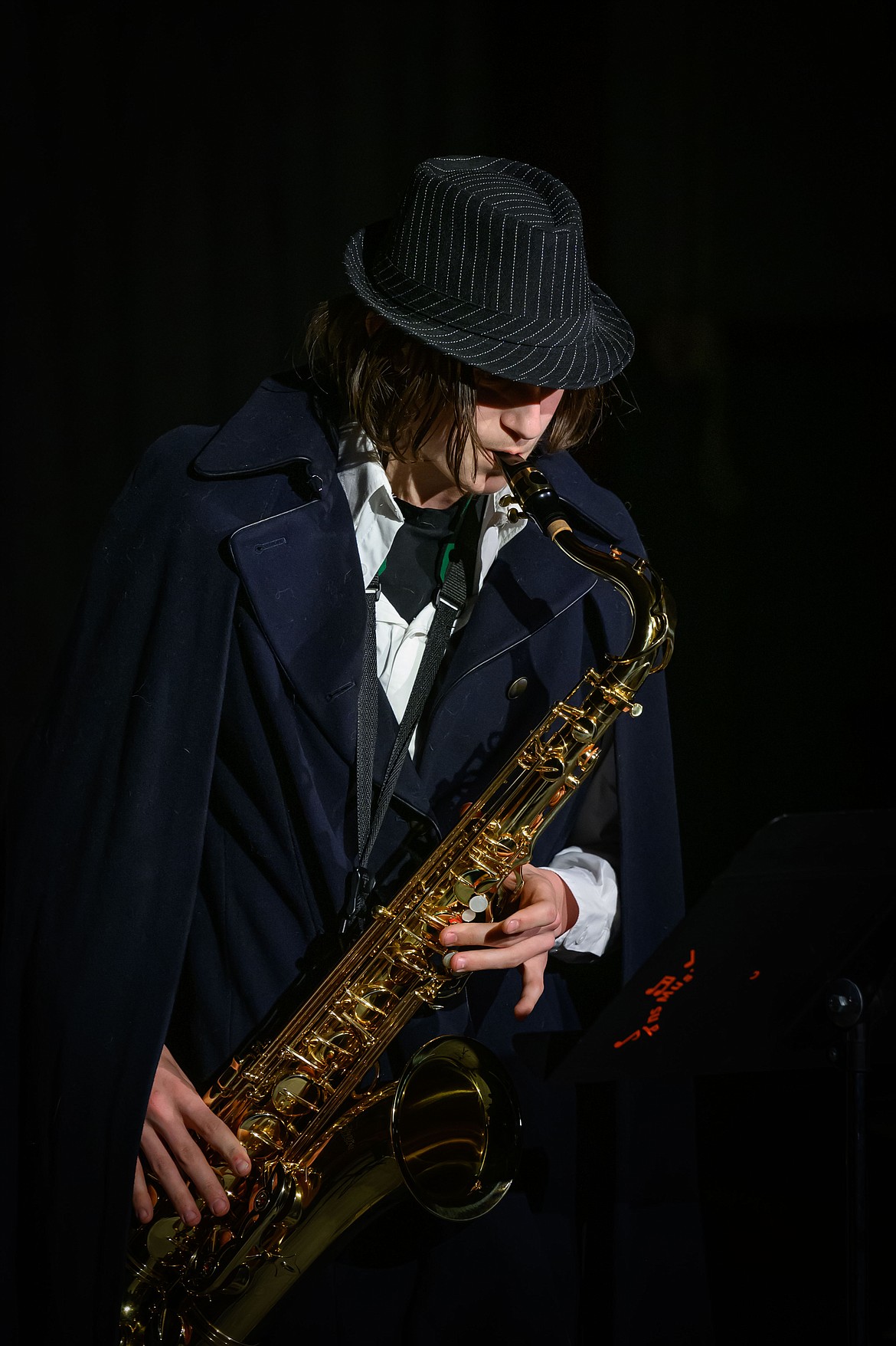 Plains High School student Stanley Decker on tenor sax. (Tracy Scott/Valley Press)