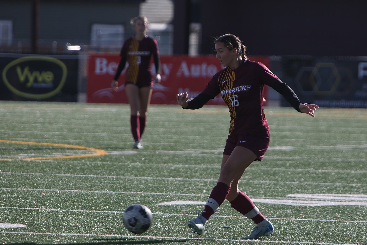 Moses Lake sophomore Kamery Char (16) put the Mavericks up 2-0 in the 55th minute of Saturday’s match with a goal off a pass from sophomore Lindsey Davis. Char assisted on Moses Lake’s first goal of the match.