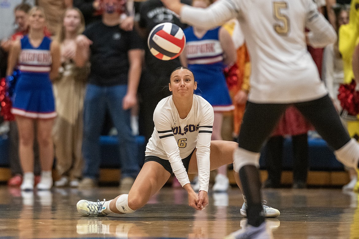 Polson's Samantha Rensvold, who notched nine kills and 30 digs, is poised for the play during last week's game against Bigfork. (Avery Howe/Bigfork Eagle)