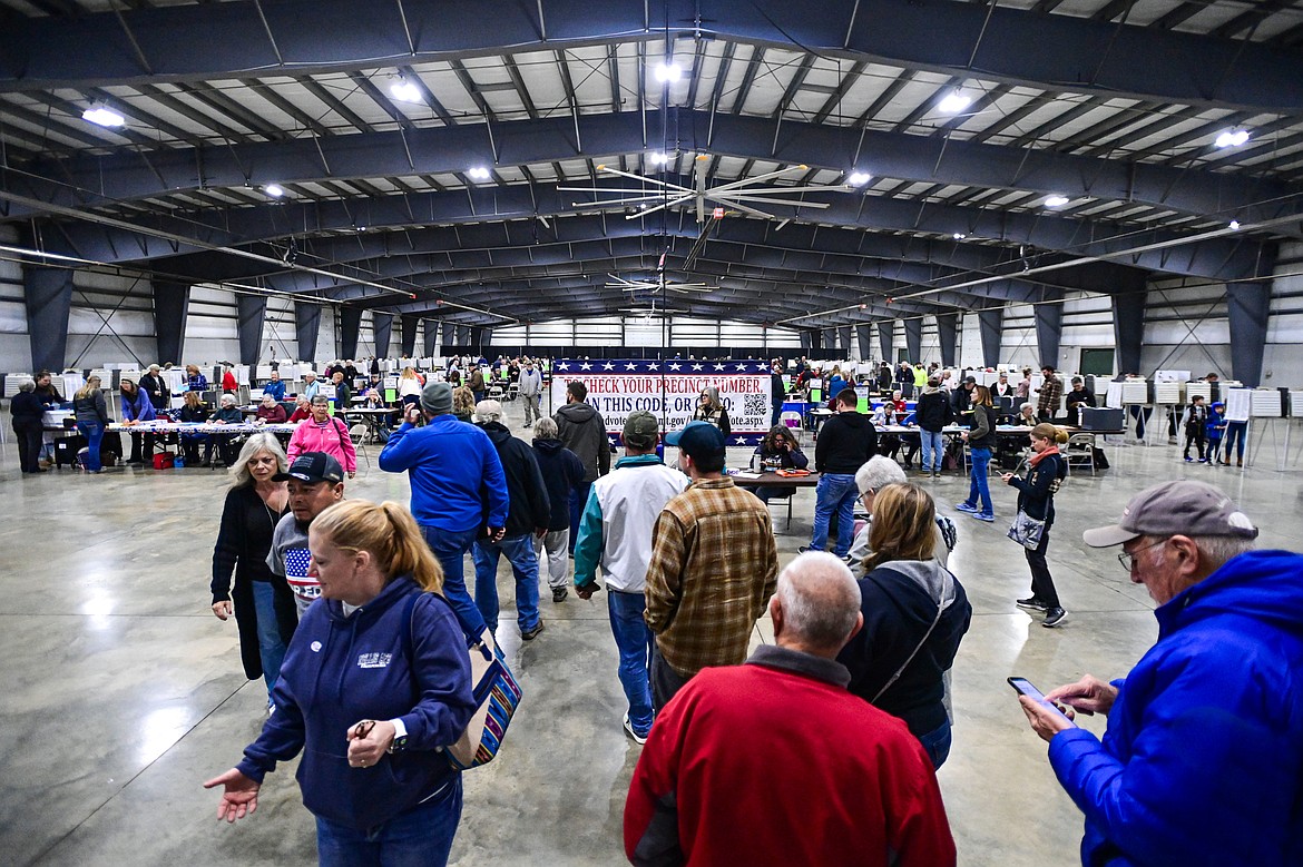 Voters line up to cast their ballots inside the Trade Center at the Flathead County Fairgrounds on Tuesday, Nov. 5. (Casey Kreider/Daily Inter Lake)