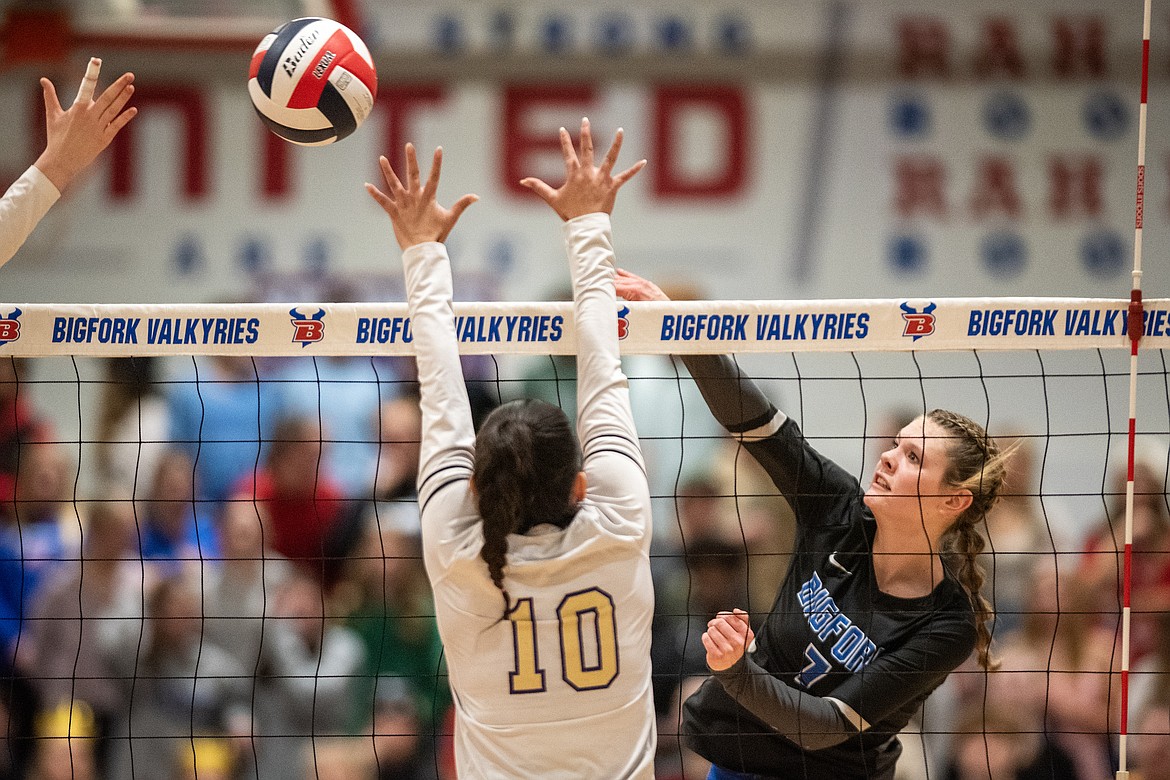 Maddie Corona makes a kill for the Vals last Tuesday playing Polson. (Avery Howe/Bigfork Eagle)