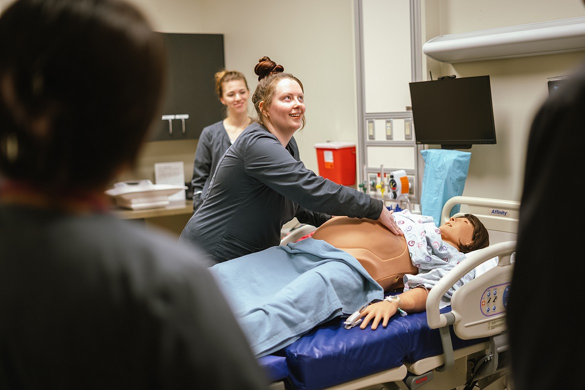 Former NIC student Kira Rahman in an OB simulation lab at the NIC Meyer Health and Sciences Building Feb. 17, 2023.