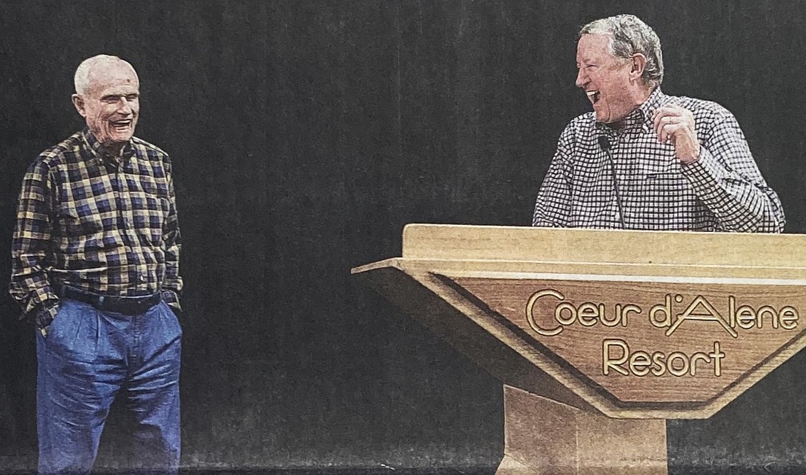 In 2019, Duane Hagadone, left, shares a laugh with longtime partner Jerry Jaeger at the After 5 Club luncheon.