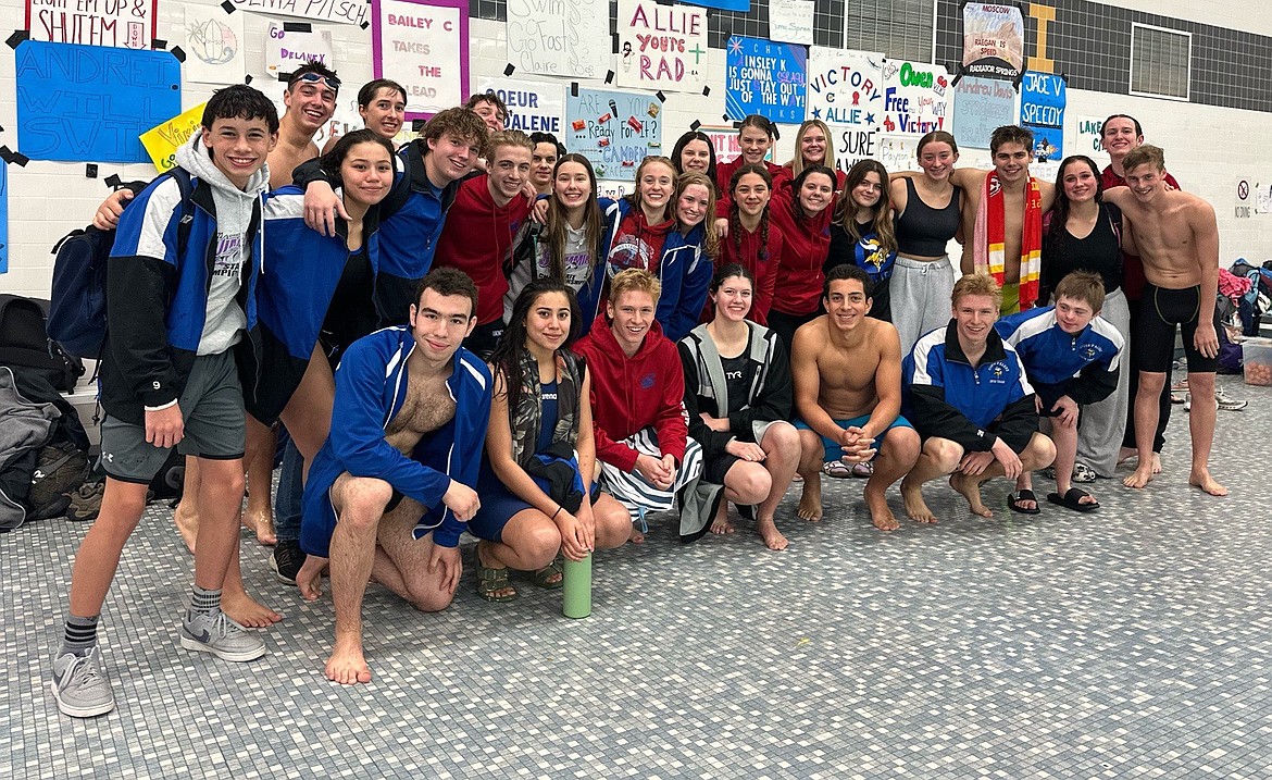 Courtesy photo
The Coeur d'Alene High boys swim team won the 6A regional swimming championship last Saturday in Moscow, and the Viking girls were second. In the front row from left are Andrei Olaru, Alena Gonzalez, Cooper Irwin, Camden Cotant, Camble Ray, Payson Irwin and John Loper; second row from left, Josh Dimitri, Gianna Gonzalez, Casey Dolan, Jackson Oswald, Claire Thorpe, Addison Wallace, Karsten Towery, Bailey Copstead, Shayla Tyler, Allison Radka, Reagan Greiner, Andrew Davis, Allie Maykuth and Owen Keith; and back row from left, Dawson Cushman, Zephen Morrow, Connor Snyder, Tanner Flinn, Mia Scarborough, Audrey Brandel, Piper Velin and Griffin Snyder. Not pictured are Isaac Thorpe, Caleb Wright, William Gallatin, Ainsley Kuhne, Jace Voeller, Olivia Pitsch, Kamryn Braga, Lorelai Renner, Jade Estes, Allie Frank, Delaney Wyatt, Sawyer Kennemer and Lalana Saitta.