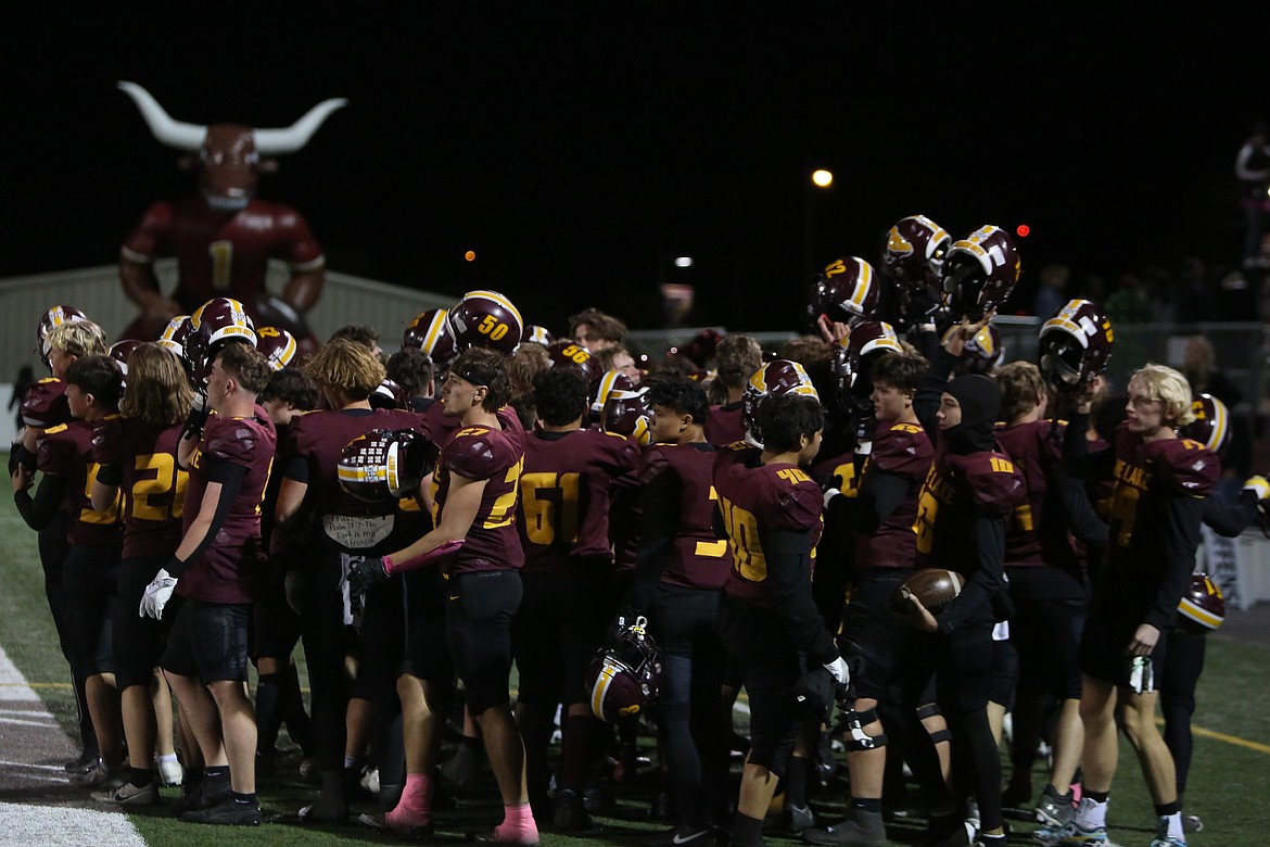 Moses Lake players celebrate after defeating Eastmont 40-0 on Oct. 18. The Mavericks won the Columbia Basin Big 9 league title this season, becoming league champions for the first time since 2021.