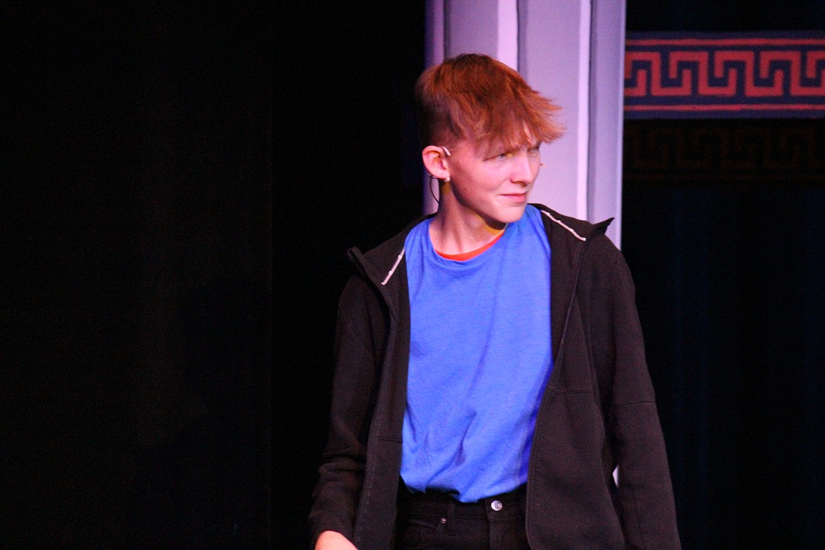 Percy Jackson (Kaleb Stanberry), left, gets an explanation of sorts for some of the weird stuff that’s been happening form Annabeth (Sophia Villalpando), right, in the Moses Lake High School production of “The Lightning Thief: The Percy Jackson Musical,” opening Friday.