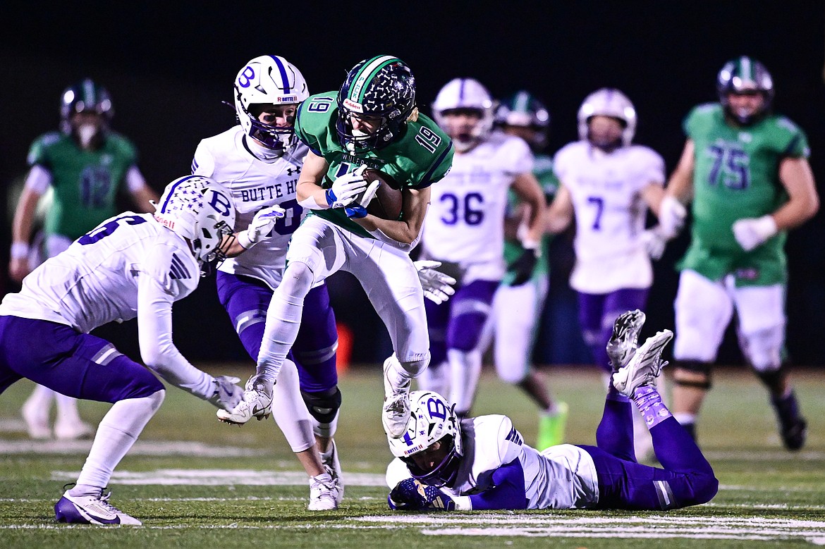 Glacier wide receiver Easton Kauffman (19) pulls down a reception in the third quarter against Butte against Butte during a Class AA playoff game at Legends Stadium on Friday, Nov. 8. (Casey Kreider/Daily Inter Lake)