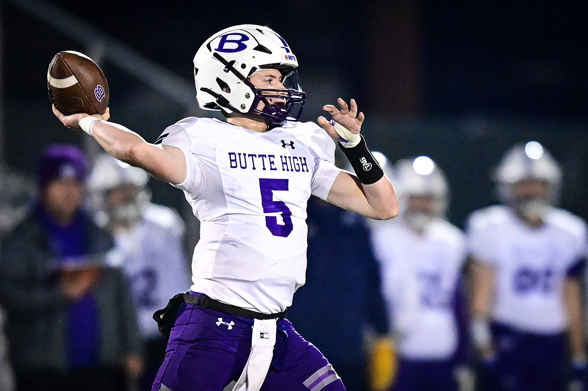 Butte quarterback Colton Shea (5) drops back to pass in the second quarter against Glacier during a Class AA playoff game at Legends Stadium on Friday, Nov. 8. (Casey Kreider/Daily Inter Lake)