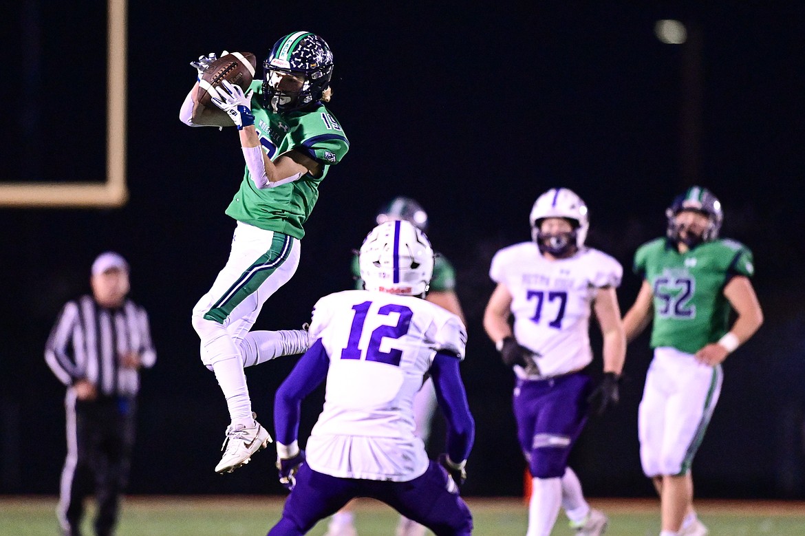 Glacier wide receiver Easton Kauffman (19) pulls down a reception in the third quarter against Butte against Butte during a Class AA playoff game at Legends Stadium on Friday, Nov. 8. (Casey Kreider/Daily Inter Lake)