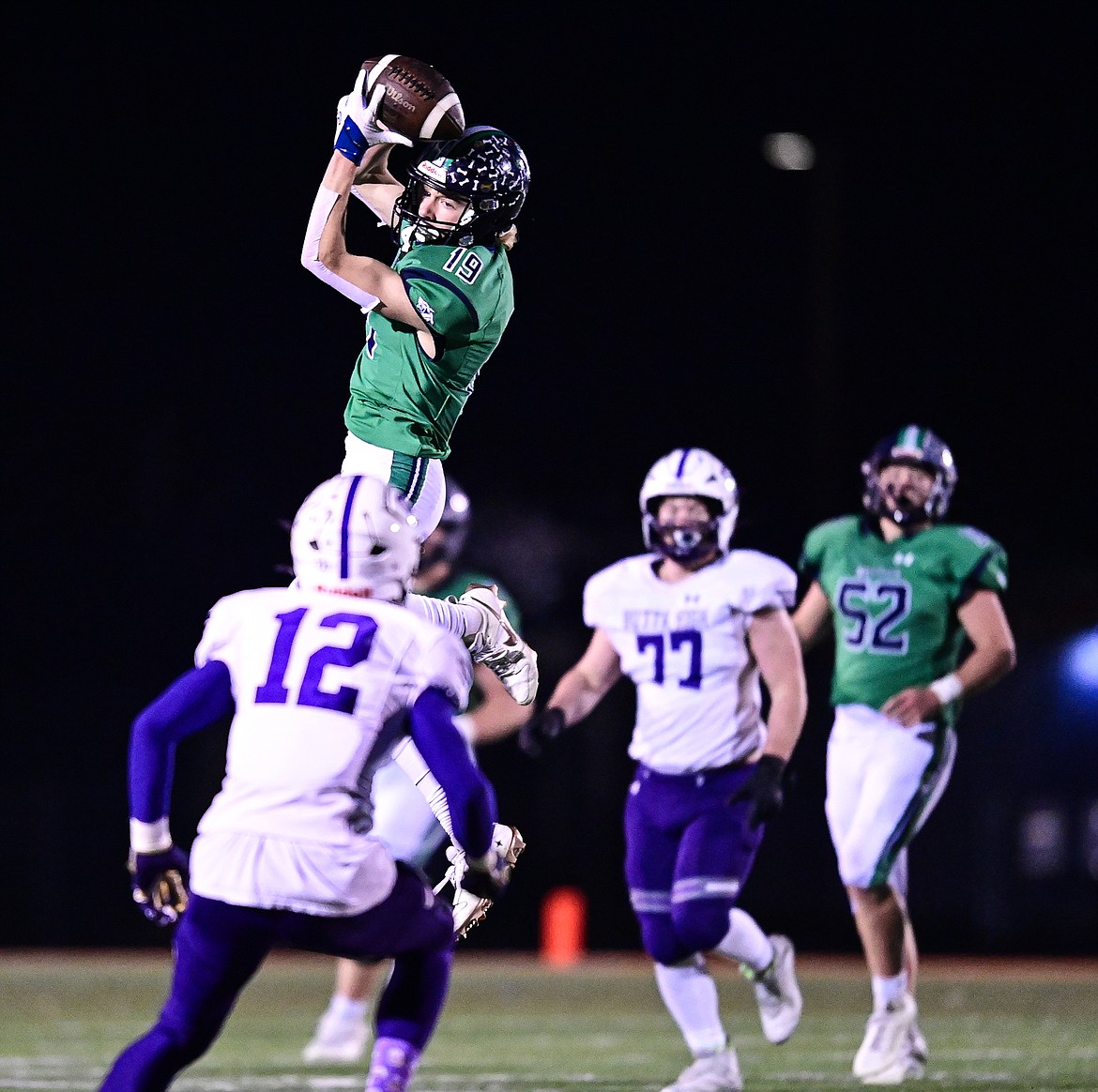 Glacier wide receiver Easton Kauffman (19) pulls down a reception in the third quarter against Butte against Butte during a Class AA playoff game at Legends Stadium on Friday, Nov. 8. (Casey Kreider/Daily Inter Lake)