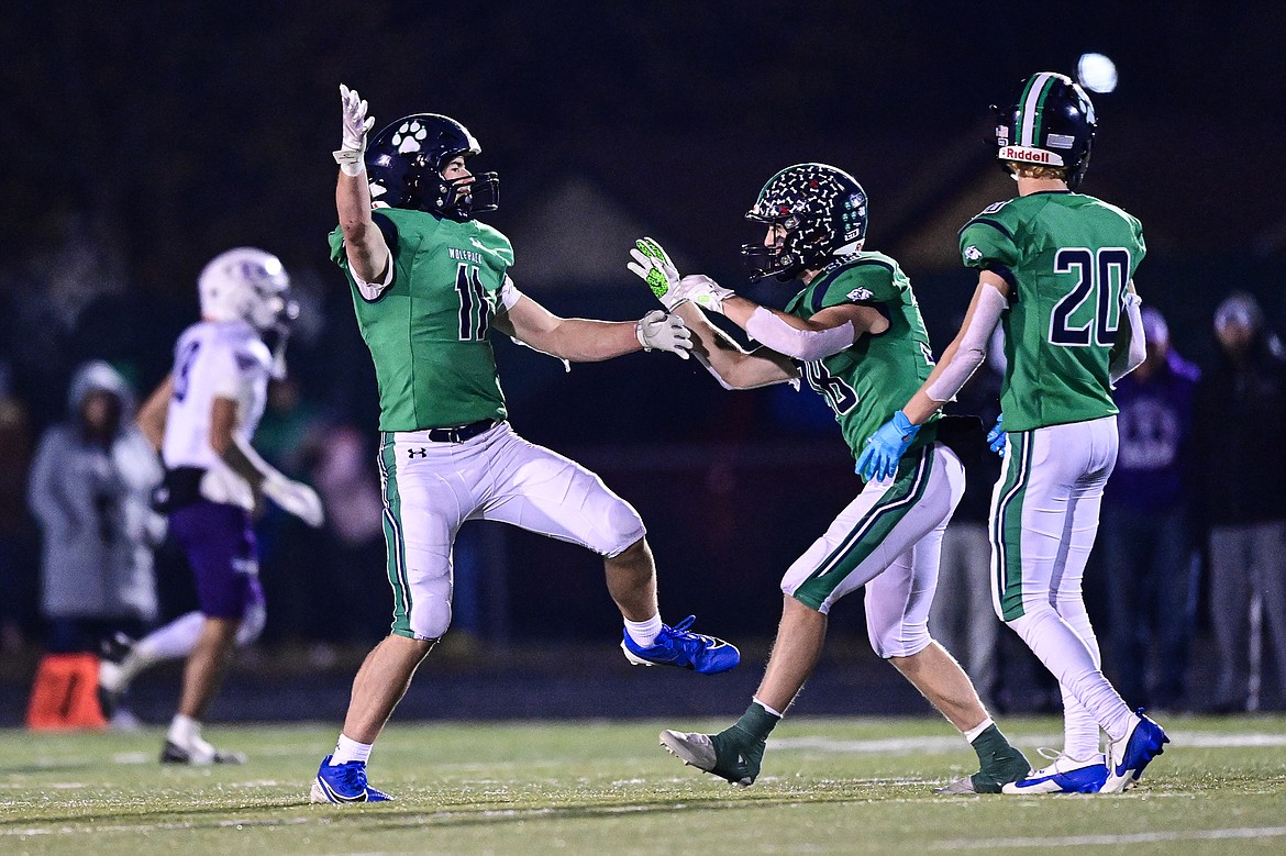 Glacier linebacker Asher Knopik (11) celebrates after an interception in the fourth quarter against Butte during a Class AA playoff game at Legends Stadium on Friday, Nov. 8. (Casey Kreider/Daily Inter Lake)