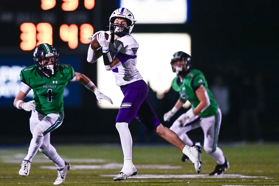 Butte wide receiver Kaleb Celli (2) holds on to a reception in the fourth quarter against Glacier\ during a Class AA playoff game at Legends Stadium on Friday, Nov. 8. (Casey Kreider/Daily Inter Lake)