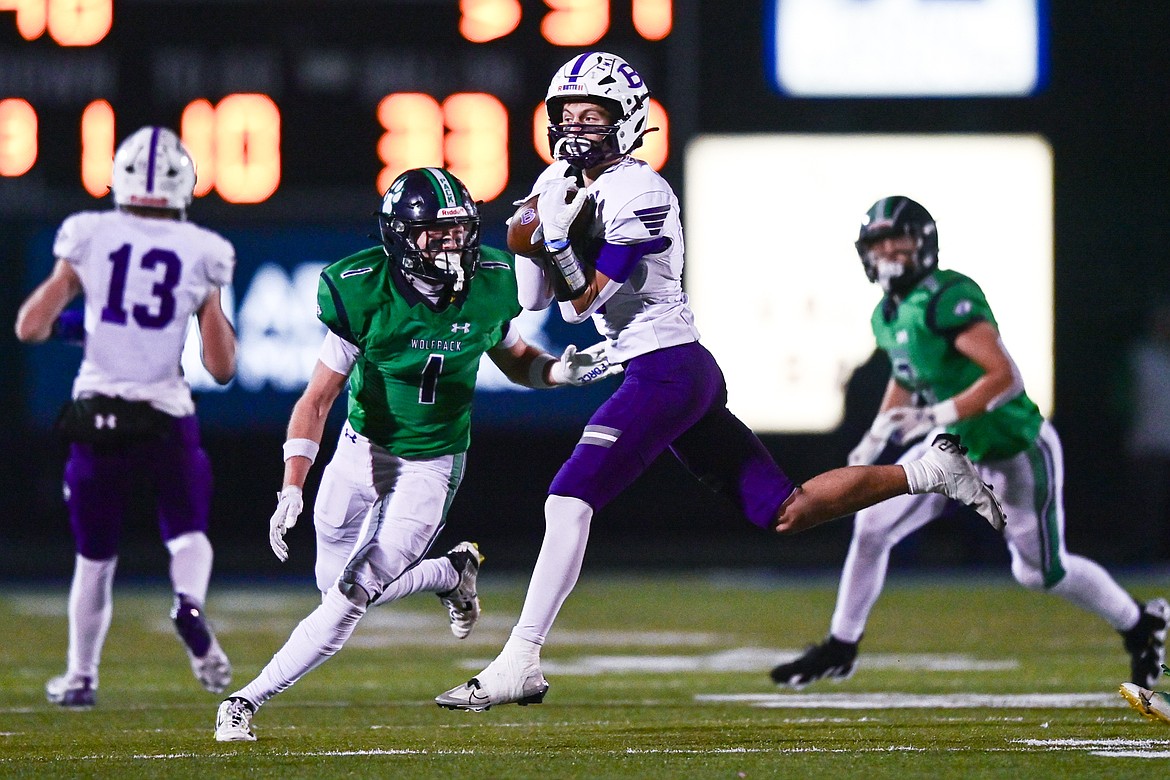 Butte wide receiver Kaleb Celli (2) holds on to a reception in the fourth quarter against Glacier\ during a Class AA playoff game at Legends Stadium on Friday, Nov. 8. (Casey Kreider/Daily Inter Lake)