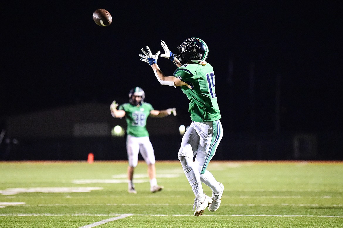 Glacier wide receiver Easton Kauffman (19) catches a pass in the second quarter against Butte during a Class AA playoff game at Legends Stadium on Friday, Nov. 8. (Casey Kreider/Daily Inter Lake)