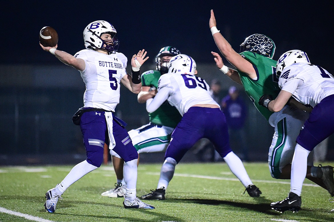 Butte quarterback Colton Shea (5) drops back to pass in the second quarter against Glacier during a Class AA playoff game at Legends Stadium on Friday, Nov. 8. (Casey Kreider/Daily Inter Lake)