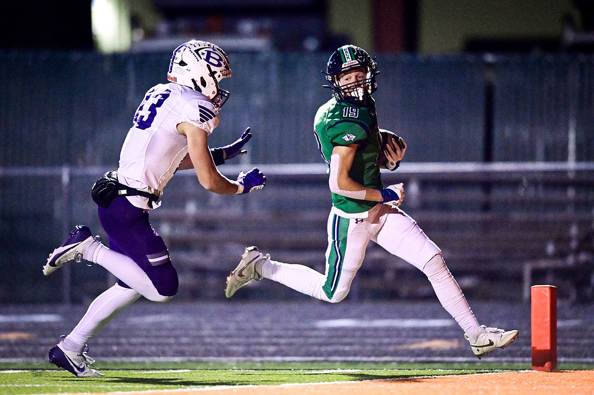 Glacier defensive back Easton Kauffman (19) returns an interception 55 yards for a touchdown in the first quarter against Butte during a Class AA playoff game at Legends Stadium on Friday, Nov. 8. (Casey Kreider/Daily Inter Lake)