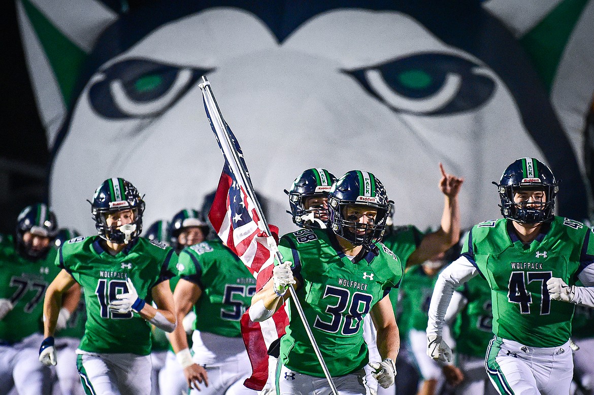 Glacier takes the field before their matchup with Butte in the Class AA playoffs at Legends Stadium on Friday, Nov. 8. (Casey Kreider/Daily Inter Lake)