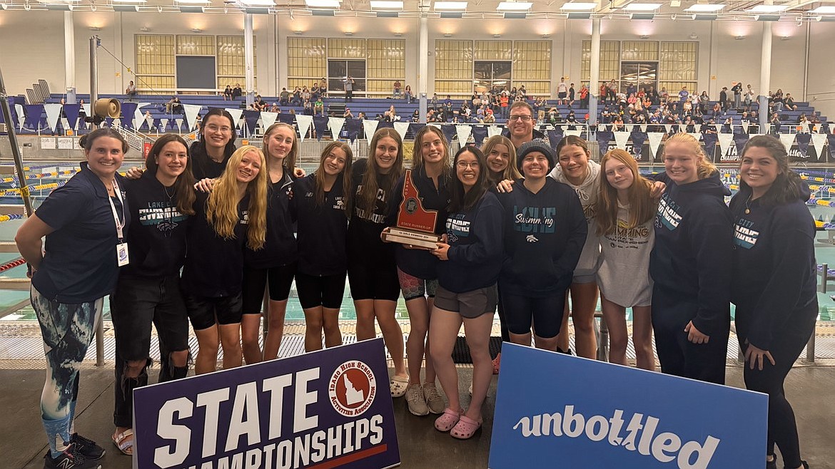 Courtesy photo
The Lake City High girls swim team finished runner-up in the state 6A meet on Saturday at the West Ada YMCA in Boise. From left are coach Shelly Sobek, Kenley Starkey, Erin Griffith, Taylor Young, Sylvia Strow, Quinn Taylor, Clara Strow, Trista Slife, Ashlyn Craigie, Payton Goodwin, coach Jade Sobek, Tillie Sobek, Emilie Kariotis, Maddy Wisdon-Matous, Emmersyn Haley and coach Emma Allison.