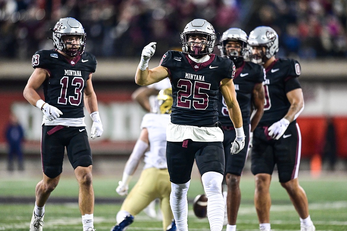 Grizzlies safety Jaxon Lee (25) celebrates after a tackle in the first quarter against UC Davis at Washignton-Grizzly Stadium on Saturday, Nov. 9. (Casey Kreider/Daily Inter Lake)