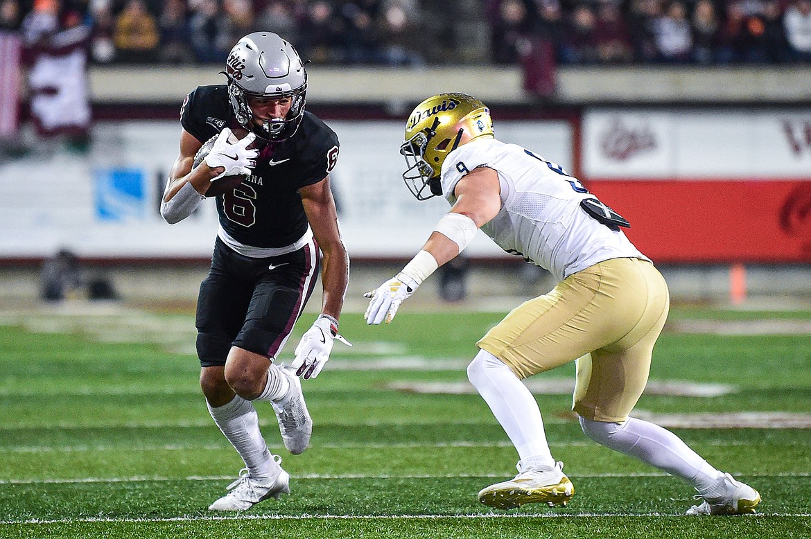 Grizzlies wide receiver Keelan White (6) looks upfield after a reception in the second quarter against UC Davis at Washington-Grizzly Stadium on Saturday, Nov. 9. (Casey Kreider/Daily Inter Lake)