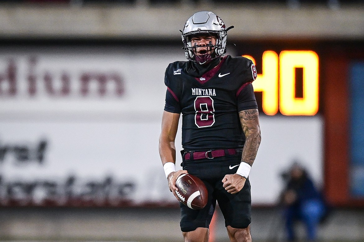 Grizzlies quarterback Keali'i Ah Yat (8) celebrates after a run in the third quarter against UC Davis at Washington-Grizzly Stadium on Saturday, Nov. 9. (Casey Kreider/Daily Inter Lake)