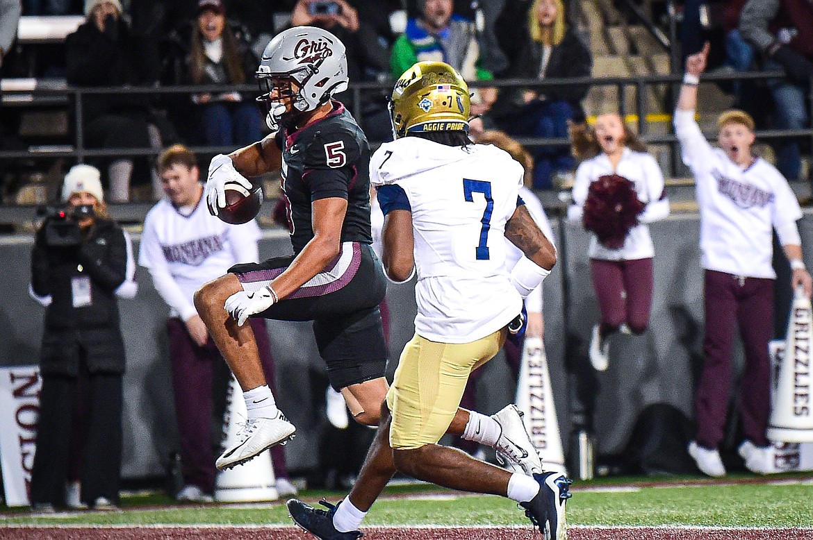 Grizzlies wide receiver Junior Bergen (5) scores a touchdown on a 23-yard reception in the first quarter against UC Davis at Washington-Grizzly Stadium on Saturday, Nov. 9. (Casey Kreider/Daily Inter Lake)