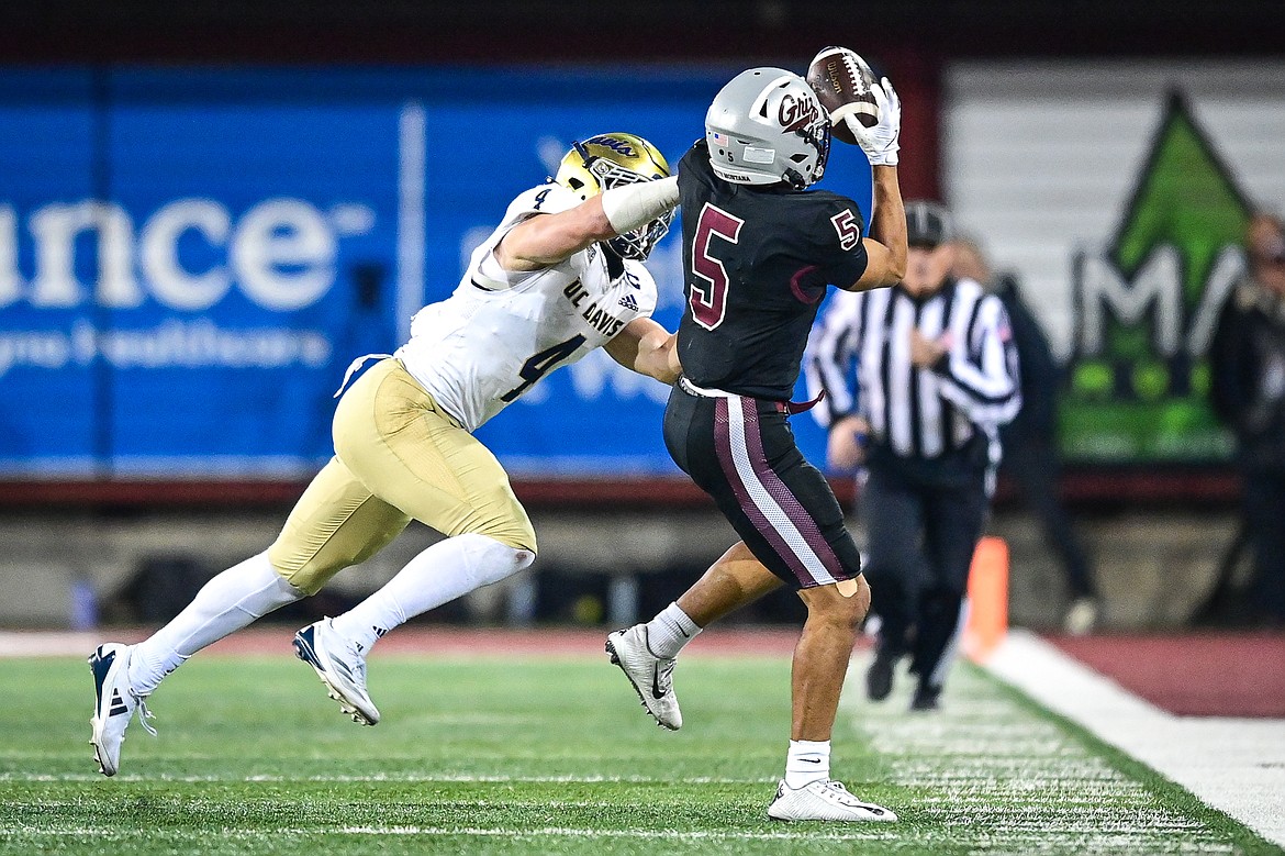 Grizzlies wide receiver Junior Bergen (5) makes a reception along the sideline in the fourth quarter against UC Davis at Washington-Grizzly Stadium on Saturday, Nov. 9. (Casey Kreider/Daily Inter Lake)