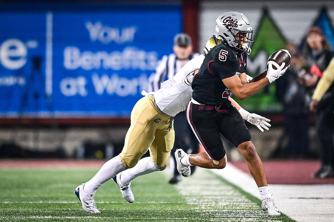 Grizzlies wide receiver Junior Bergen (5) makes a reception along the sideline in the fourth quarter against UC Davis at Washington-Grizzly Stadium on Saturday, Nov. 9. (Casey Kreider/Daily Inter Lake)