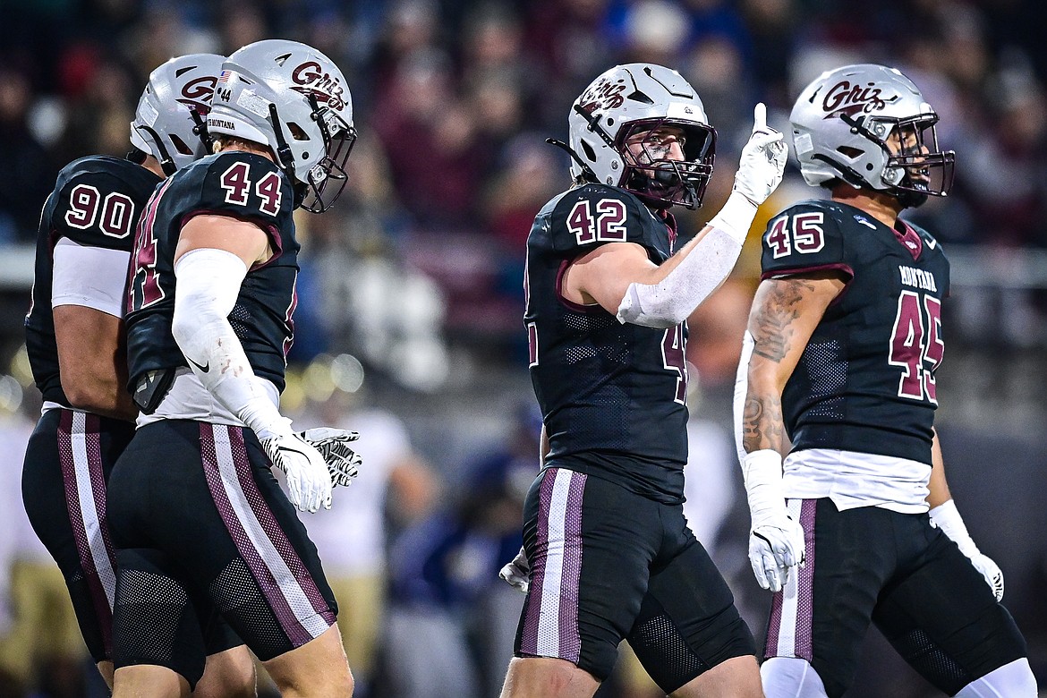 Grizzlies linebacker Riley Wilson (42) celebrates after a sack in the third quarter against UC Davis at Washington-Grizzly Stadium on Saturday, Nov. 9. (Casey Kreider/Daily Inter Lake)