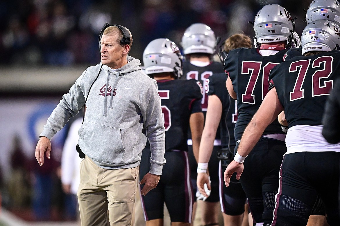 Grizzlies head coach Bobby Hauck reacts on the sideline after a touchdown call after an 18-yard run by quarterback Keali'i Ah Yat was reversed in the third quarter against UC Davis at Washington-Grizzly Stadium on Saturday, Nov. 9. (Casey Kreider/Daily Inter Lake)