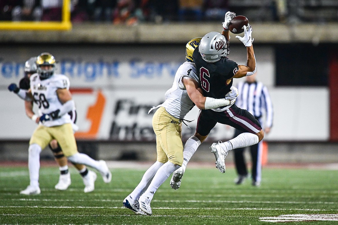 Grizzlies wide receiver Keelan White (6) holds on to a reception in the fourth quarter against UC Davis at Washington-Grizzly Stadium on Saturday, Nov. 9. (Casey Kreider/Daily Inter Lake)