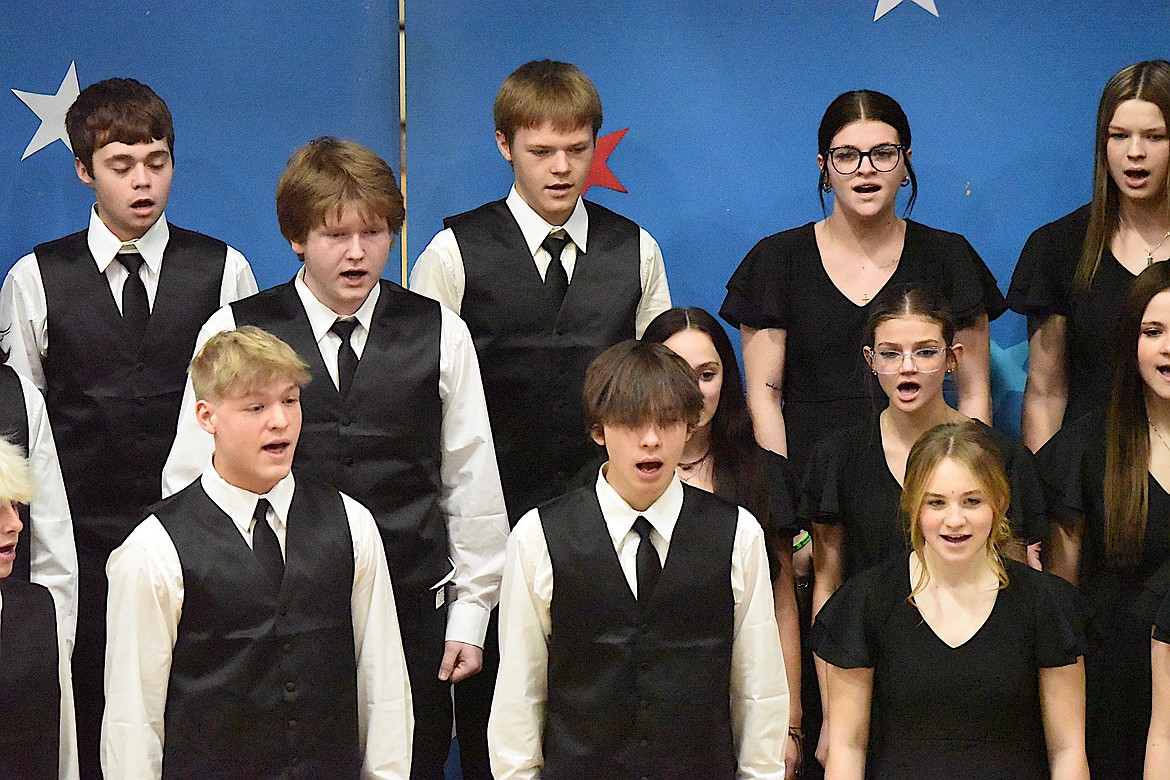 Members of the Libby High School choir sing Monday, Nov. 11, 2024, during a Veterans Day Assembly. (Scott Shindledecker/The Western News)