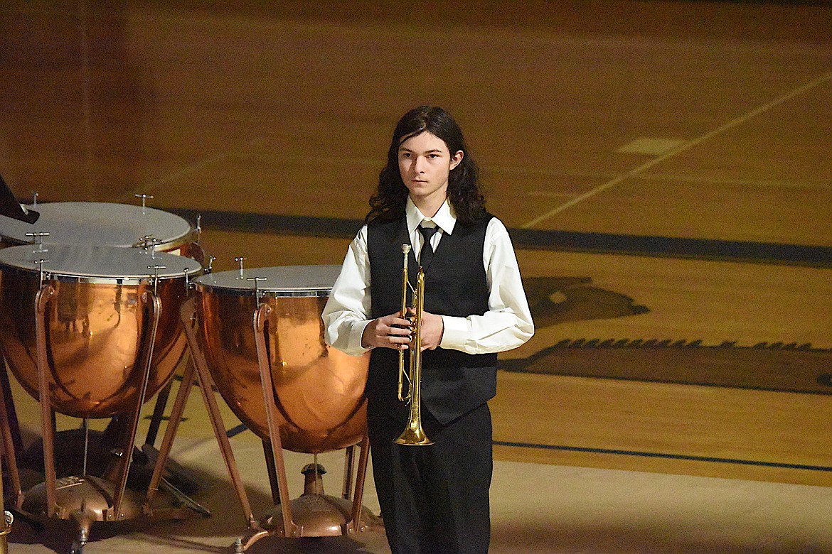 Libby High School student Riley Stoltz prepares to perform 'Taps,' Monday, Nov. 11, 2024, during a Veterans Day Assembly at the high school. (Scott Shindledecker/The Western News)