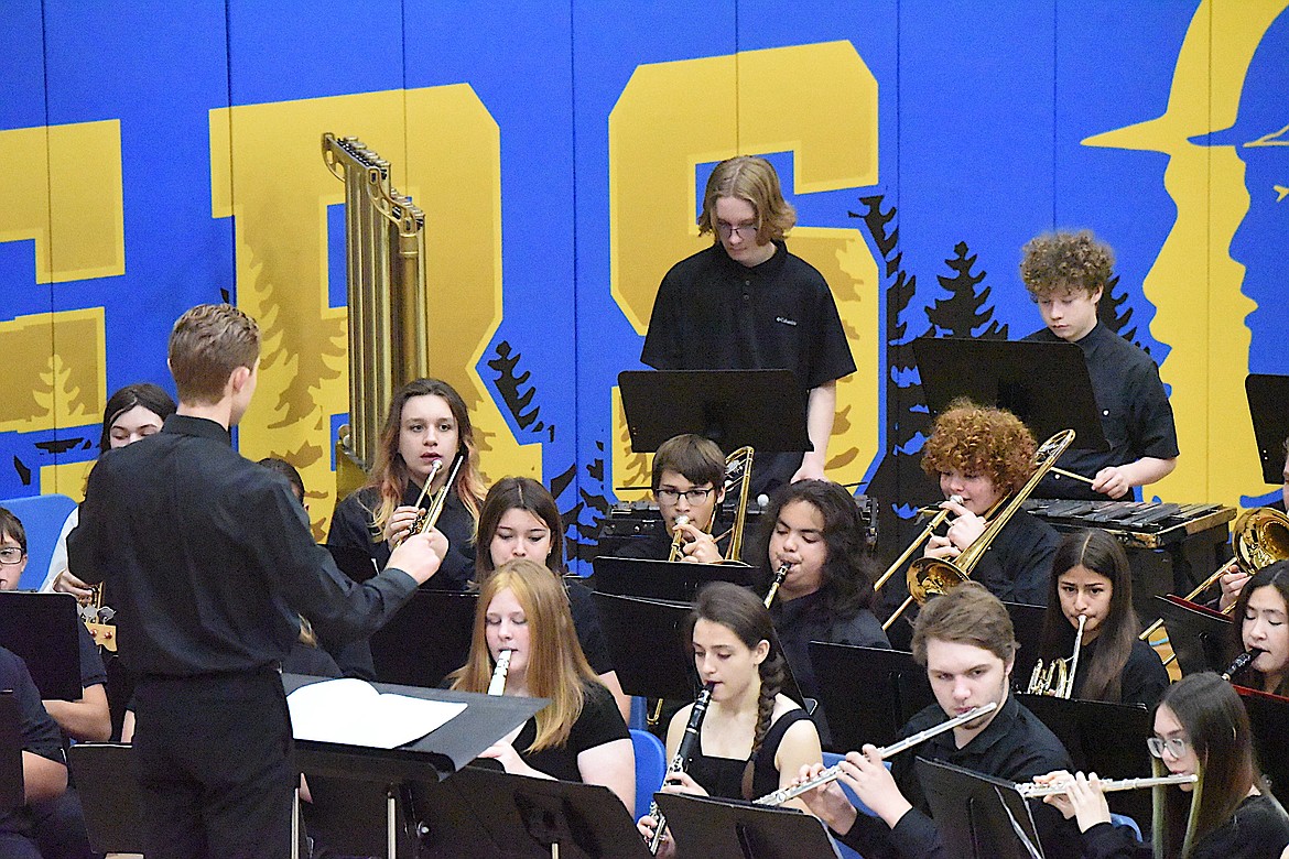 Members of the Libby High School band perform Monday, Nov. 11, 2024, during a Veterans Day Assembly. (Scott Shindledecker/The Western News)