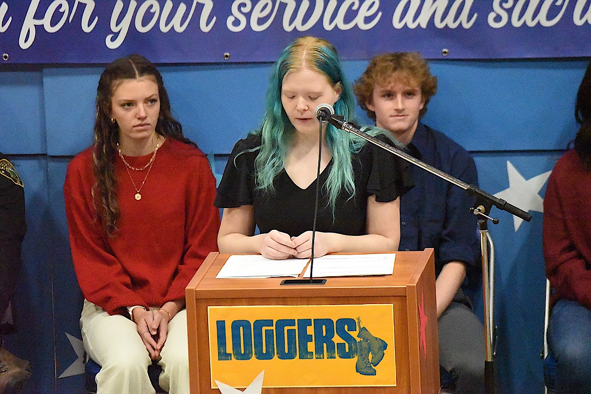 Libby High School's Mikaila Kerzman reads an essay Monday, Nov. 11, 2024, during a Veterans Day Assembly. (Scott Shindledecker/The Western News)