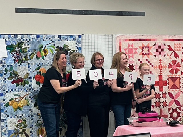 From left: Jen Oates from North Carolina; Amy Osmundson from Oakland, California; Linda McGregor from Pullman; Lori Gilmartin from Parker, Colorado and Eliza Rang from Ephrata served as the “Tally Girls,” keeping score as the sales and donations rolled in for the Fabric Patch’s online cancer fundraiser auction.