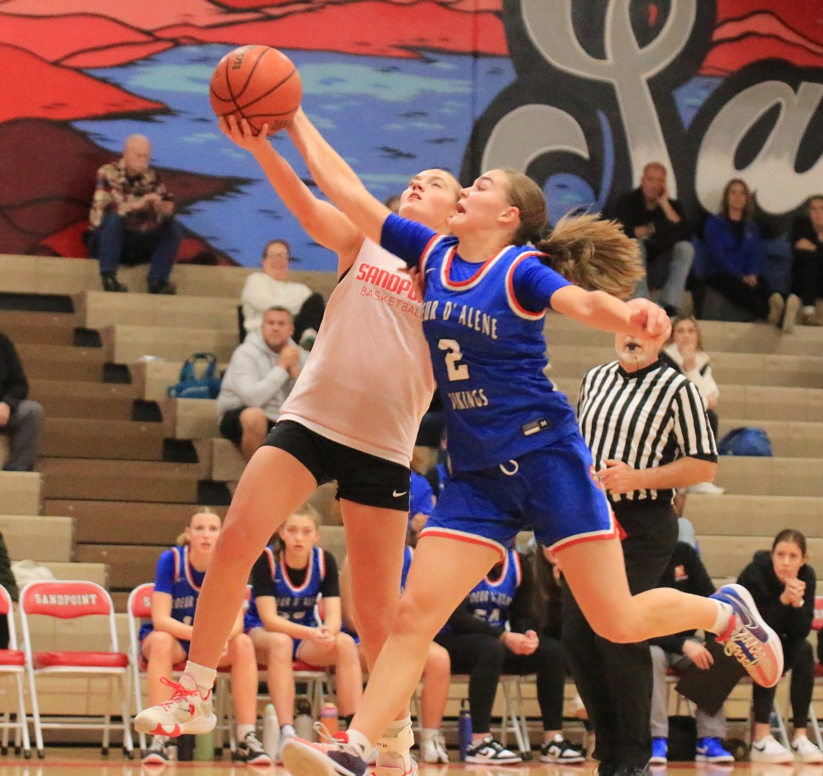 MAX OSWALD/Bonner County Daily Bee
Coeur d'Alene freshman guard Lexie Wheeler blocks a shot by Sandpoint's Jordyn Tomco during a jamboree matchup at Les Rogers Court on Tuesday. Coeur d'Alene opens the regular season on Nov. 21 against visiting Boise.