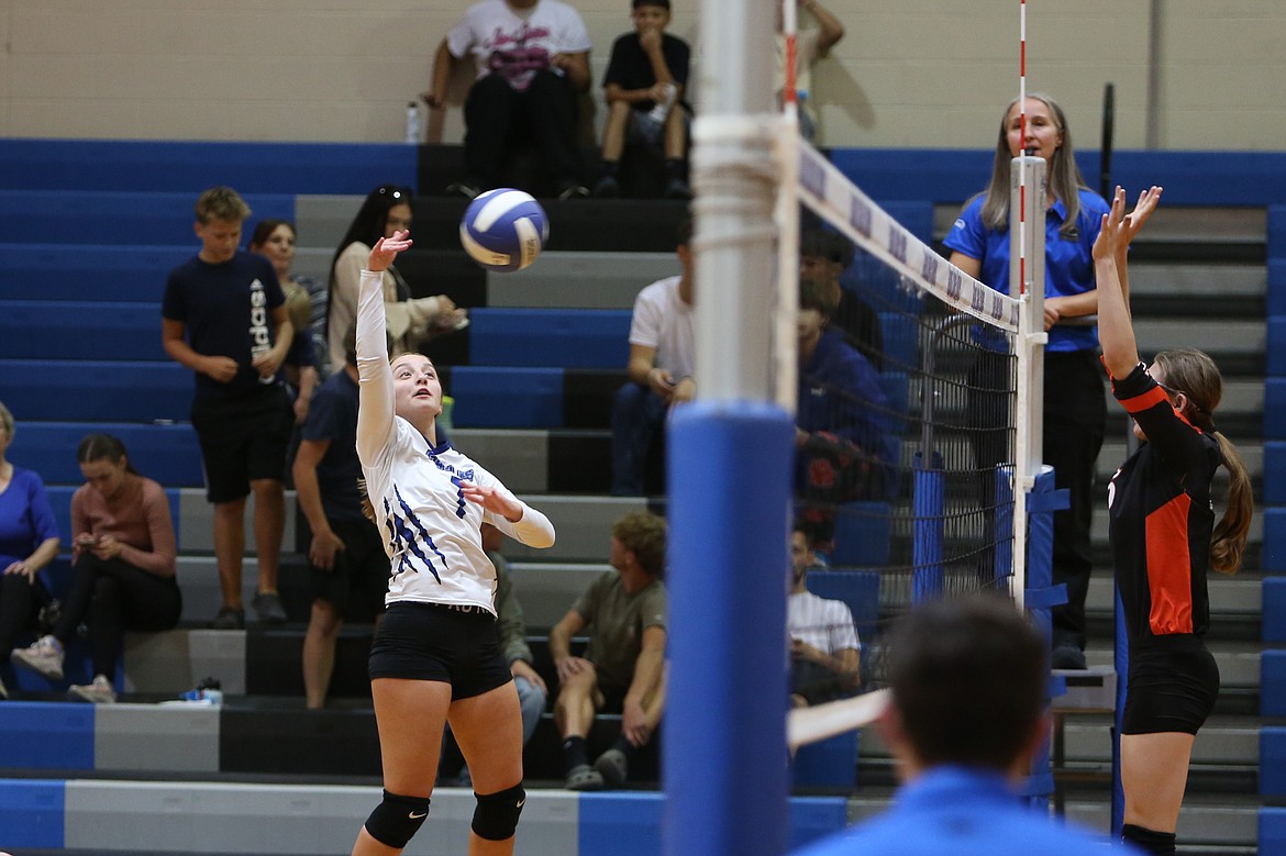 Soap Lake eighth-grader Marina Zubritskiy jumps up to spike the ball during a match against Republic on Sept. 28.