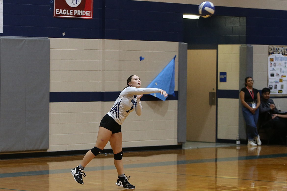 Soap Lake junior Mylee Dana serves the ball during a Sept. 28 match against Republic in Soap Lake.