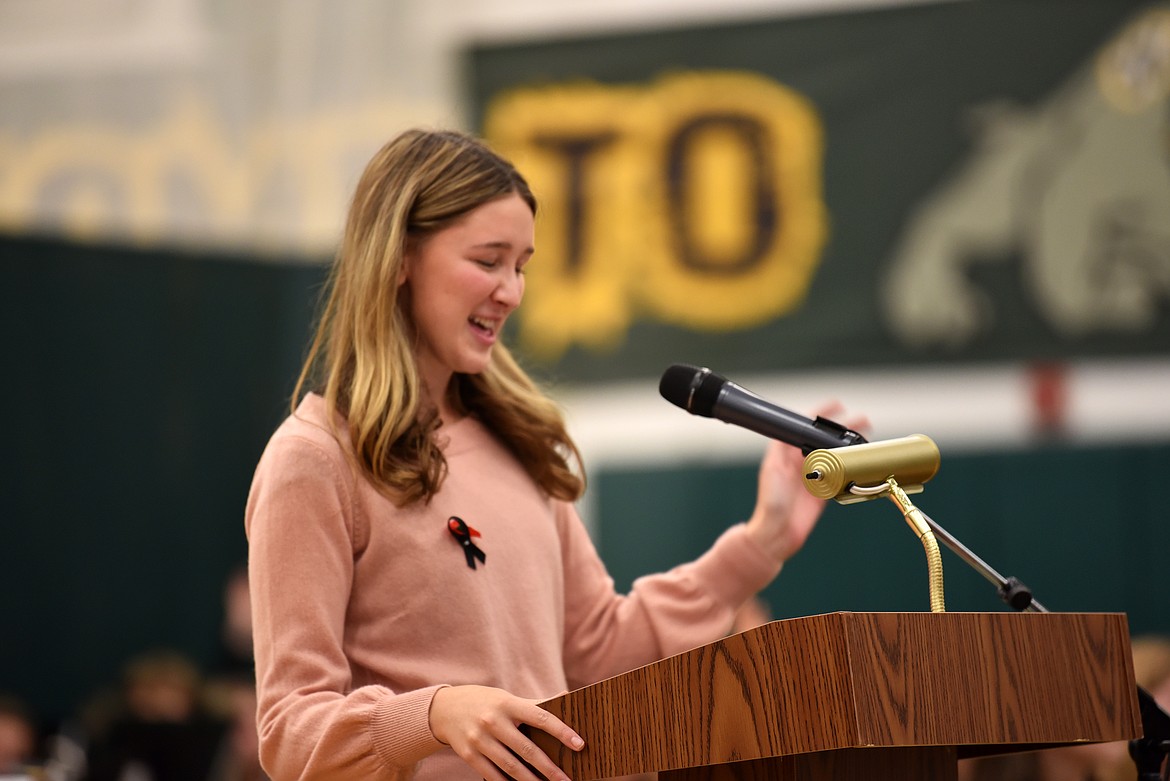 Student Body President Zoey Marzo shares memories of her father returning home from service for Christmas. (Kelsey Evans/Whitefish Pilot)